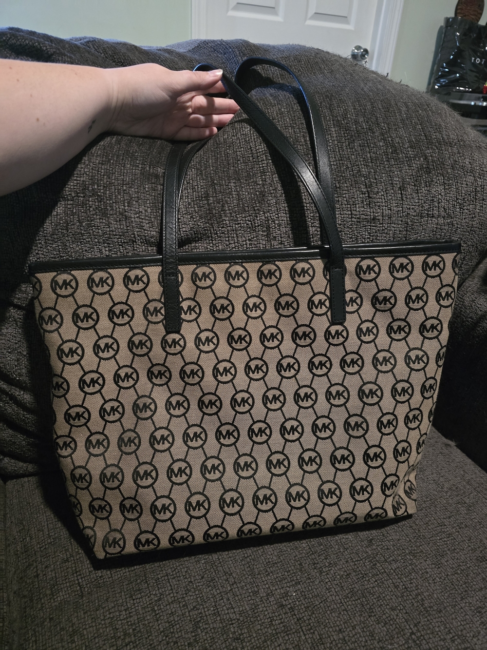 Michael Kors Beige & Black MK Logo Canvas Tote with Gold Hardware - Picture 3 of 4